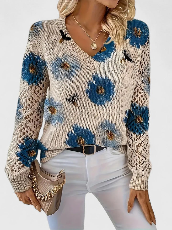 Rosalinde Fonteclair | Floral Knit V-Neck Sweater with Lace Sleeves