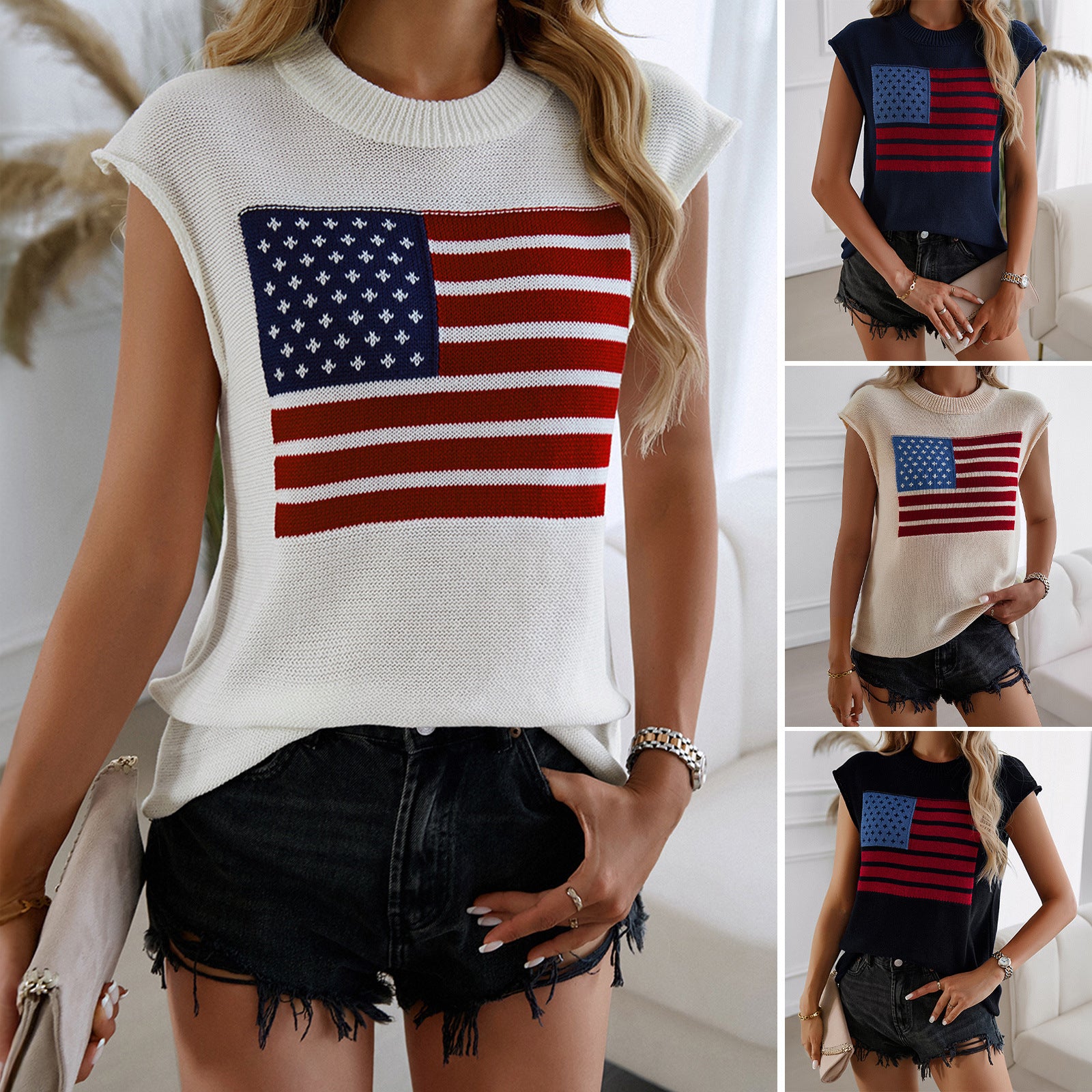 Priscilla Wentmore | American Flag Knit Sleeveless Sweater Top For Women