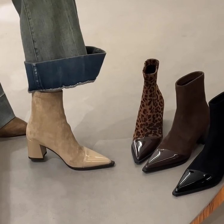 Delphine Ravel | Pointed-Toe Chunky Heel Ankle Boots For Women