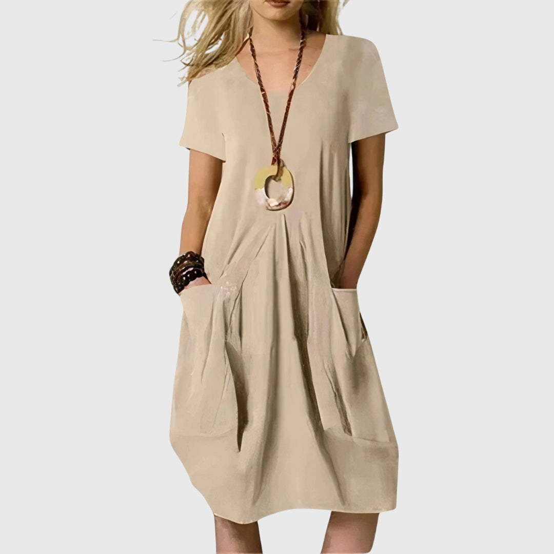 Elaine Rossmore | Orange V-Neck Midi Dress with Pockets
