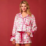 Bow Darling | Pink Santa Wreath Print Christmas Pyjamas For Women