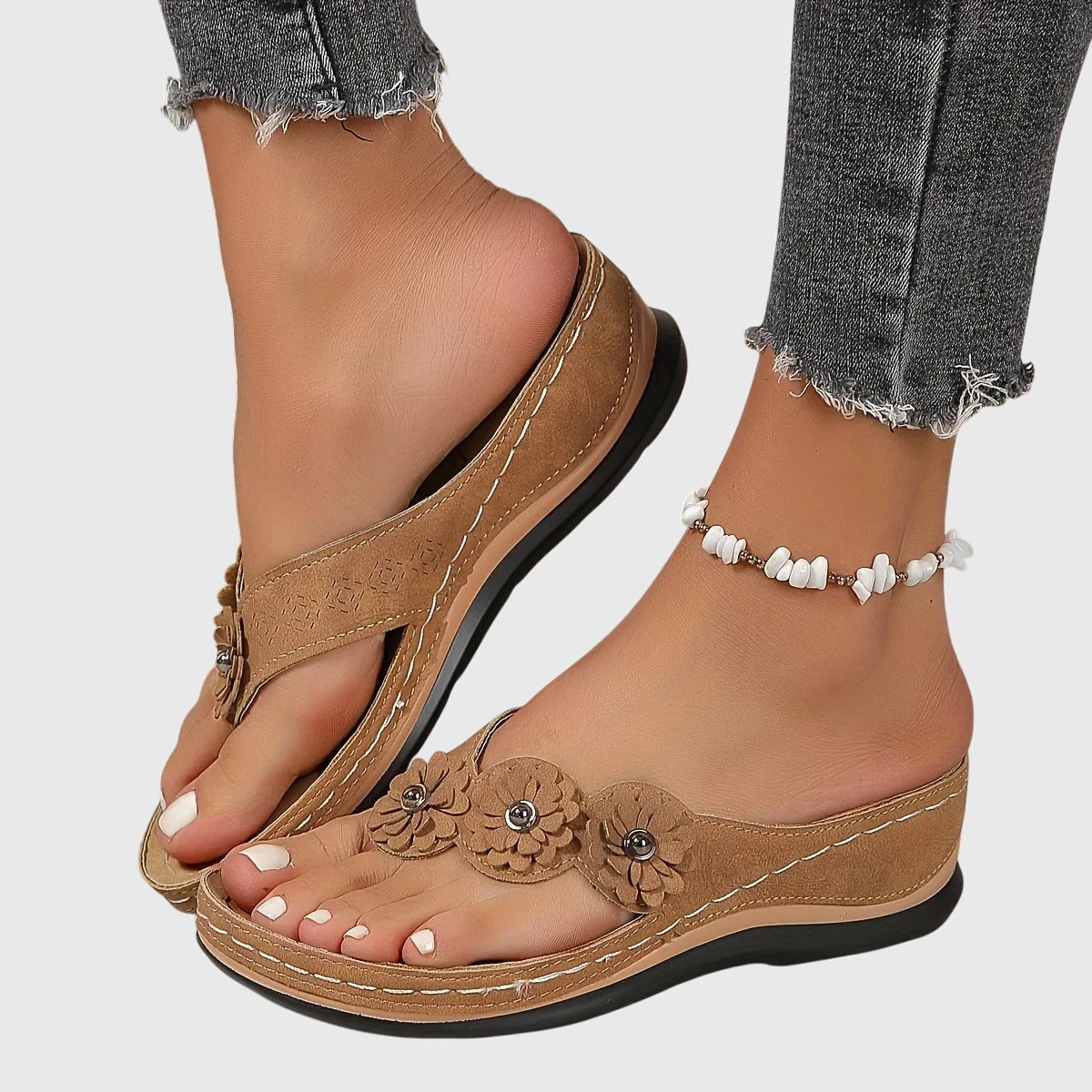 Marietta Dunrosse | Blue Flower Wedge Flip Flop Sandals