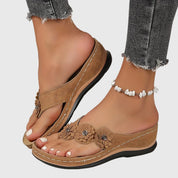 Marietta Dunrosse | Blue Flower Wedge Flip Flop Sandals