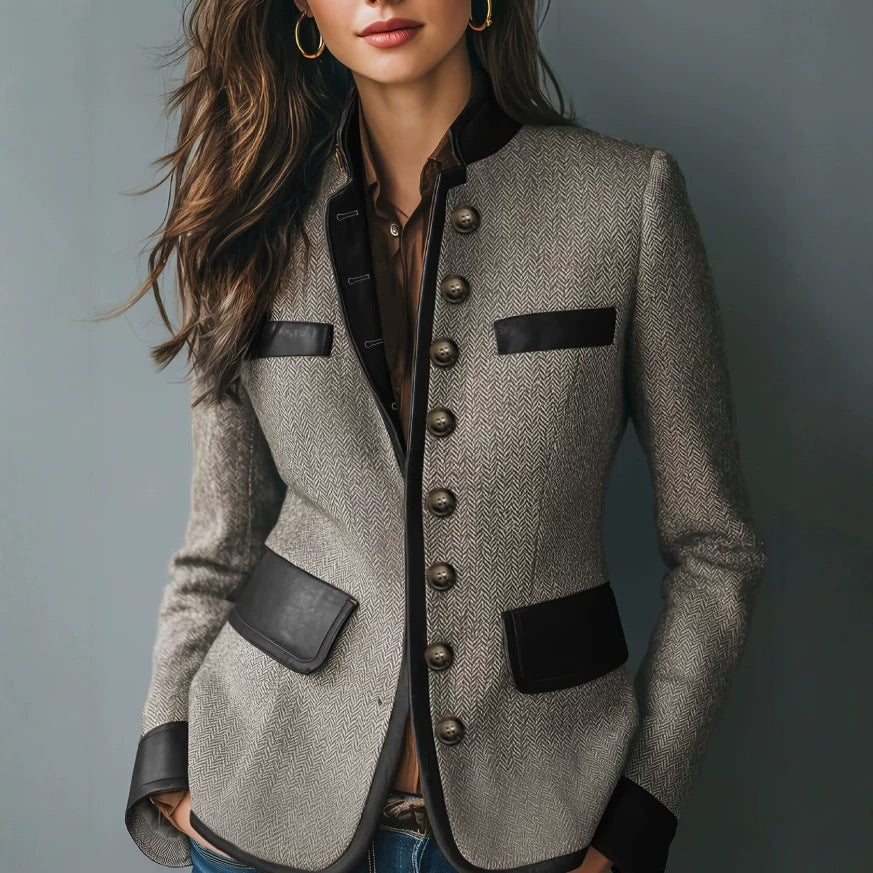 Inez Woodford | Contrast-Trim Tweed-Look Button Jacket For Women