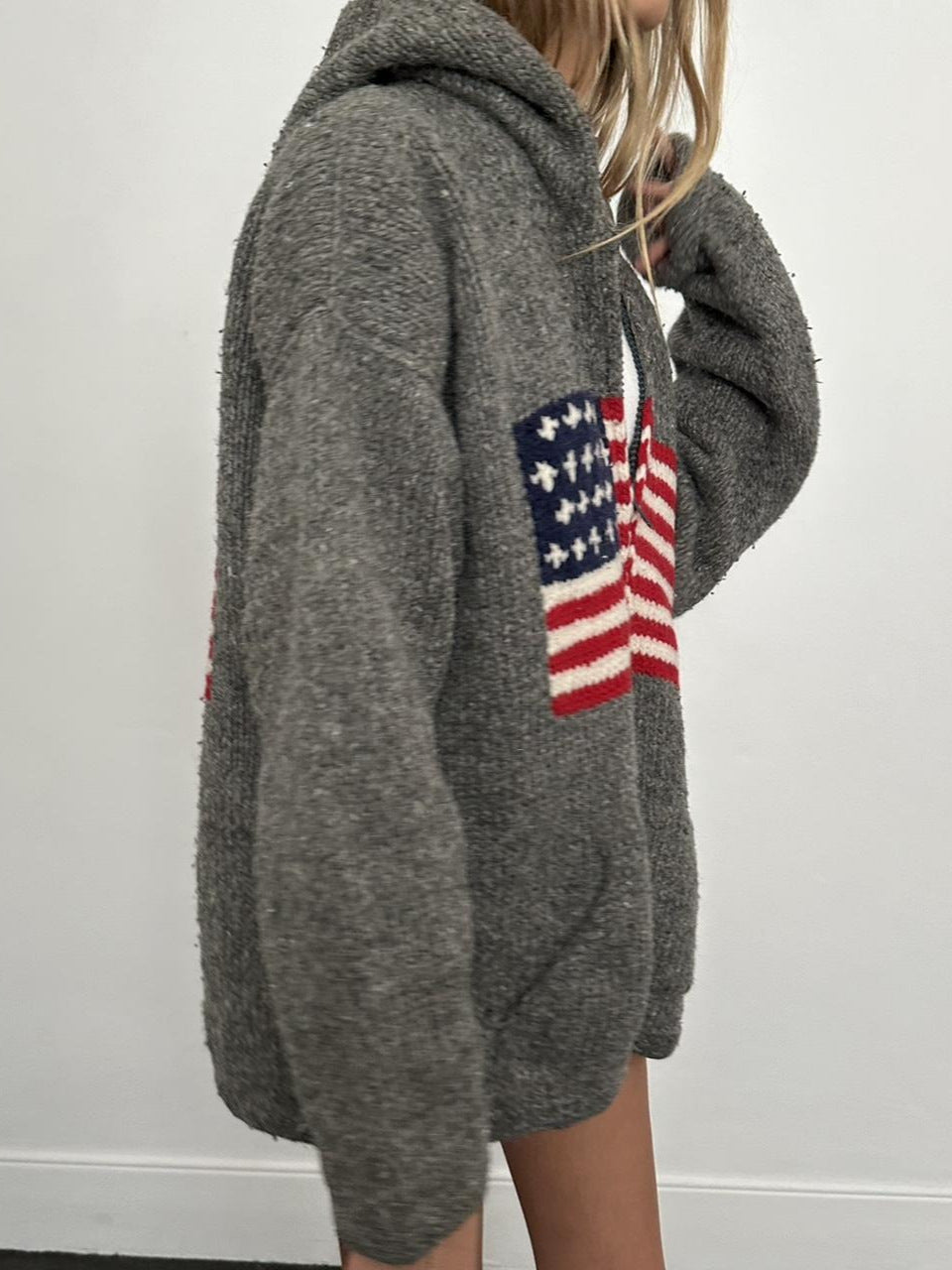 Madeleine Valmont | Grey Flag Veterans Day Zip Hoodie Cardigan For Women