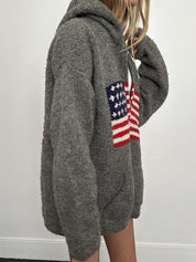 Madeleine Valmont | Grey Flag Veterans Day Zip Hoodie Cardigan For Women