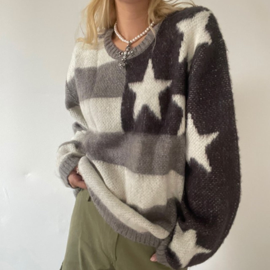 Harlow Vantisse | Star Stripe Round Neck Loose Sweater For Women