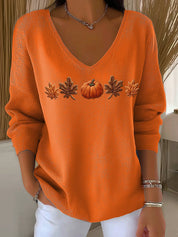 Renata Castellane | Halloween Pumpkin Embroidered V-Neck Sweater For Women