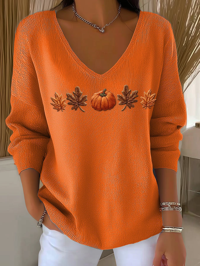 Renata Castellane | Halloween Pumpkin Embroidered V-Neck Sweater For Women