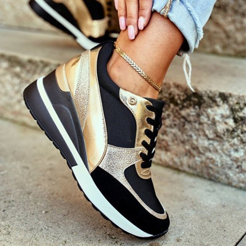 Celestine Dawnford | Black & Gold Platform Sneakers for Women