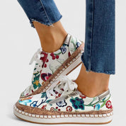 Rosalinda Ashvere | Floral Print Platform Lace-Up Sneakers with Cork Sole