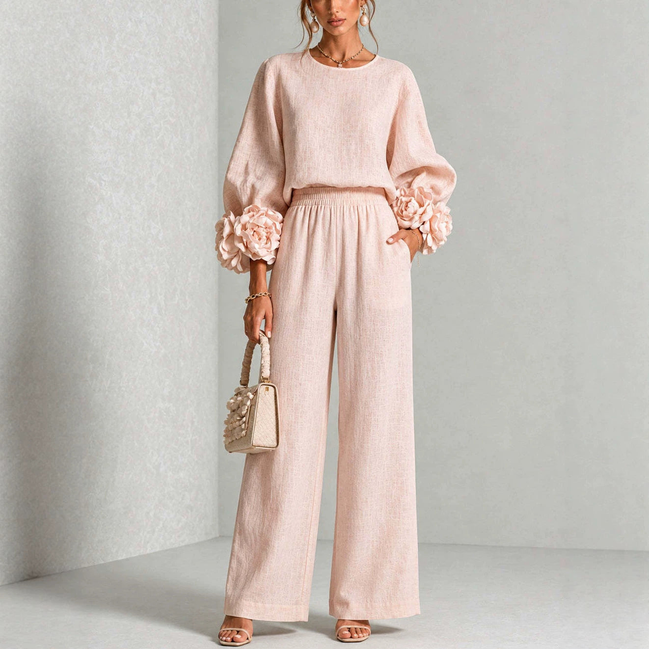 Oaklyn Merfield | Ruffle Cuff Top & Wide Leg Pants Set For Women