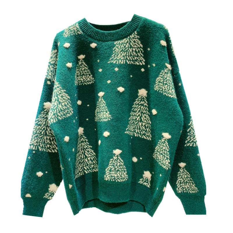 Snowy Eve | Red Tree Jacquard Christmas Sweater For Women