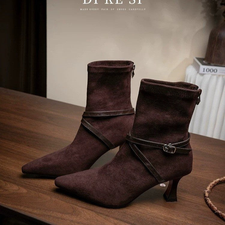Rosalind Duquesne | Suede Stiletto Ankle Boots With Buckle Strap