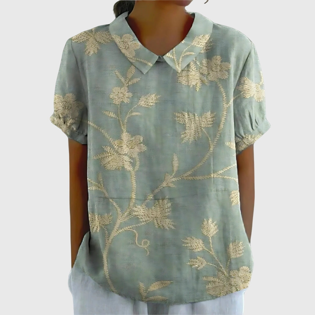 Éloise Fairverne | Green Floral Print Short Sleeve Blouse