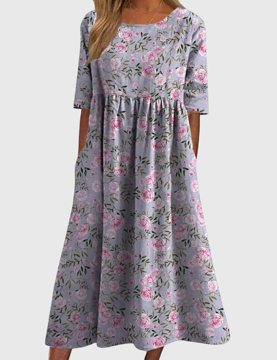 Rowena Beauclaire | Blue Floral Midi Dress with Half Sleeves