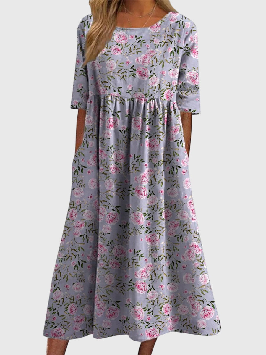 Rowena Beauclaire | Blue Floral Midi Dress with Half Sleeves
