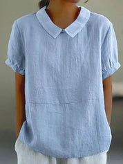 Roseline Hartbourne | Sky Blue Peter Pan Collar Linen-Look Top