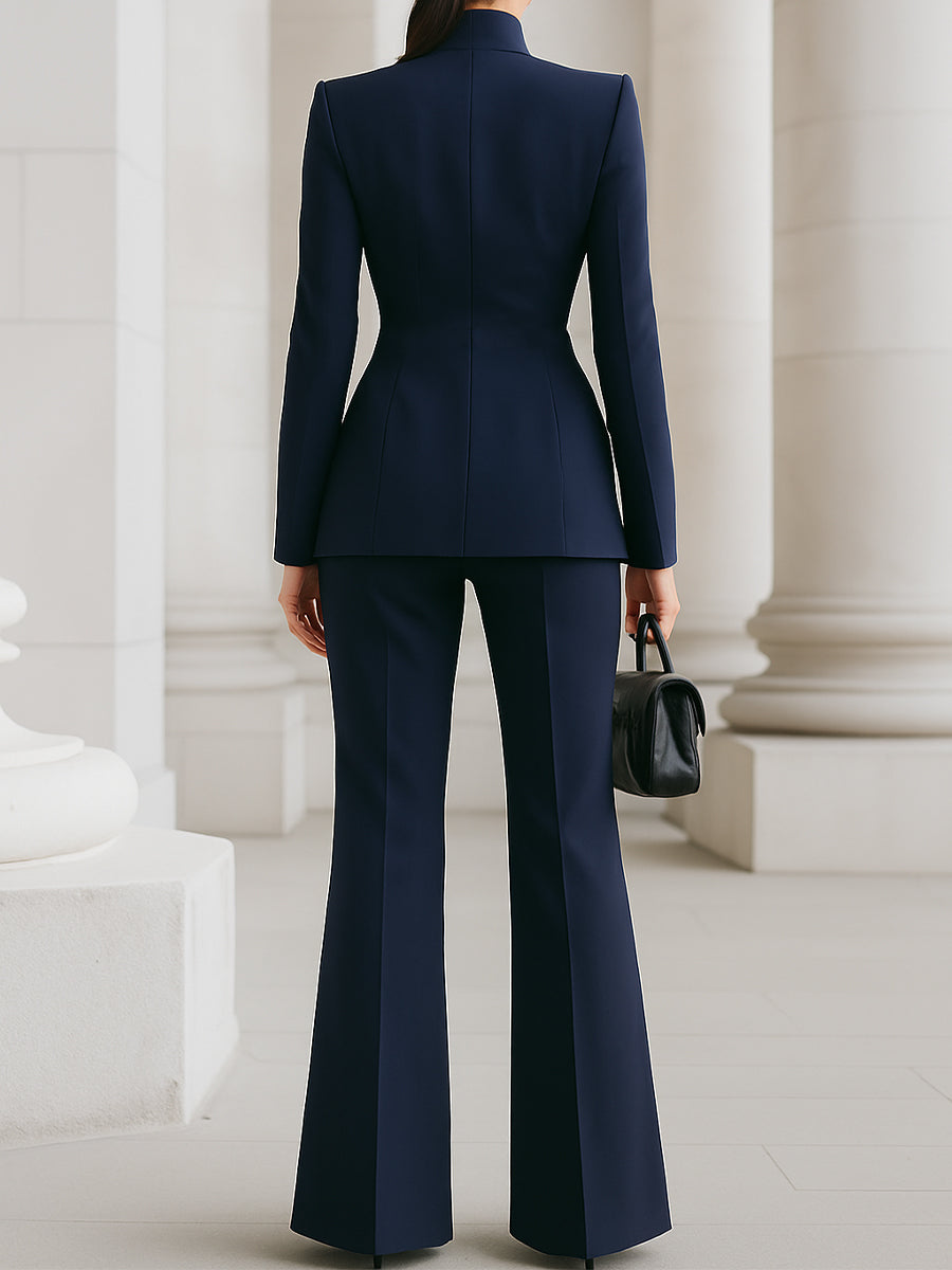 Eleanora Vantisse | Navy Blue Stand Collar Blazer & Wide Leg Pants Two-Piece Set