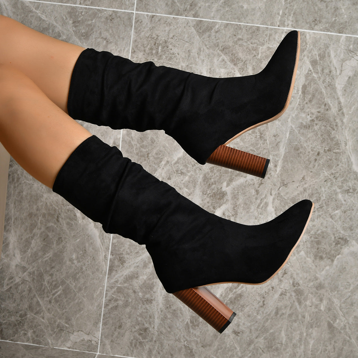 Elodie Marchetti | Suede Mid-Calf Block Heel Boots For Women