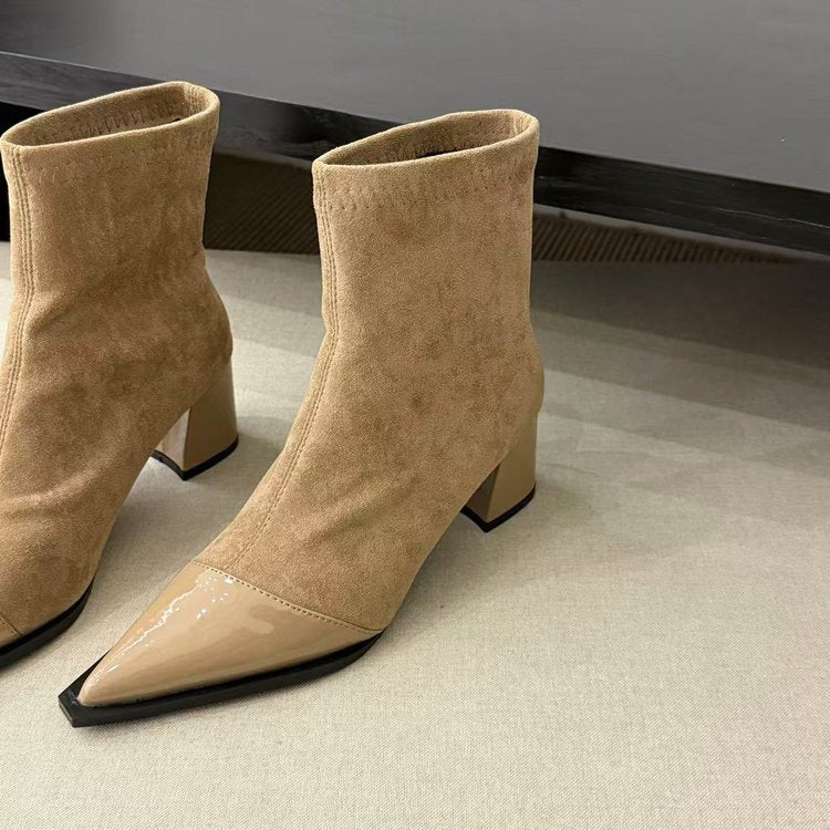Delphine Ravel | Pointed-Toe Chunky Heel Ankle Boots For Women