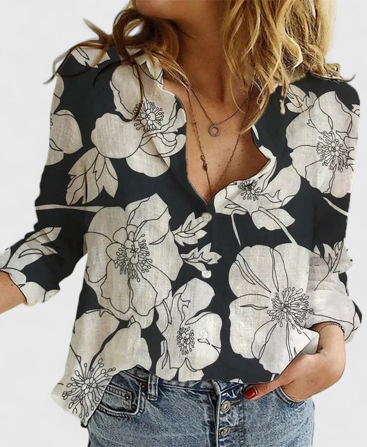 Corinna Ashvale | Women's Navy Linen Button-Down Shirt with Lapel Collar