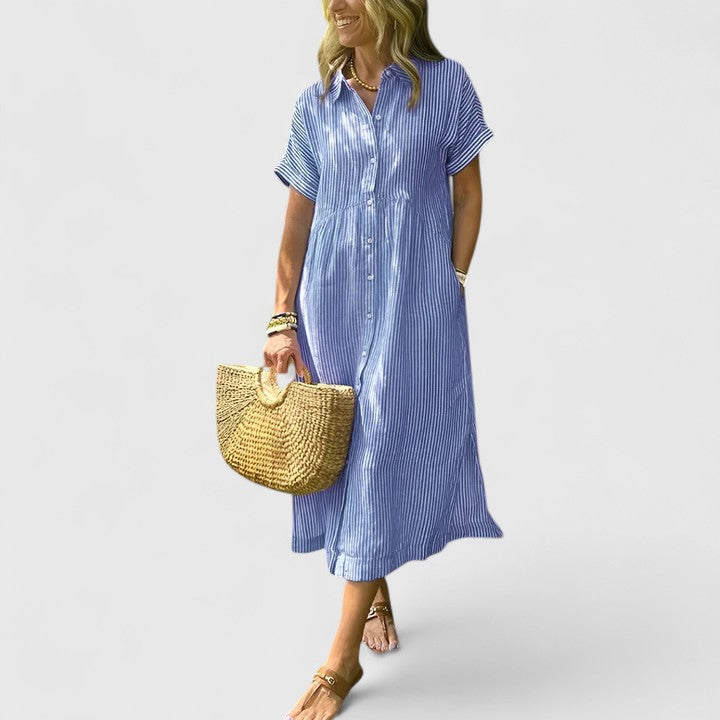 Marisol Cleverton | Blue Striped Linen Midi Shirt Dress