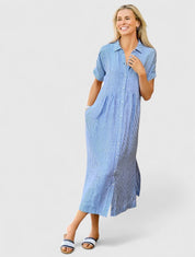 Marisol Cleverton | Blue Striped Linen Midi Shirt Dress