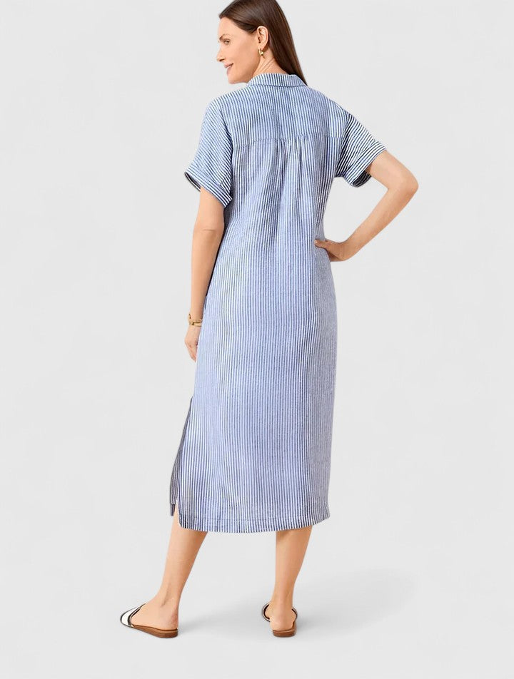 Marisol Cleverton | Blue Striped Linen Midi Shirt Dress
