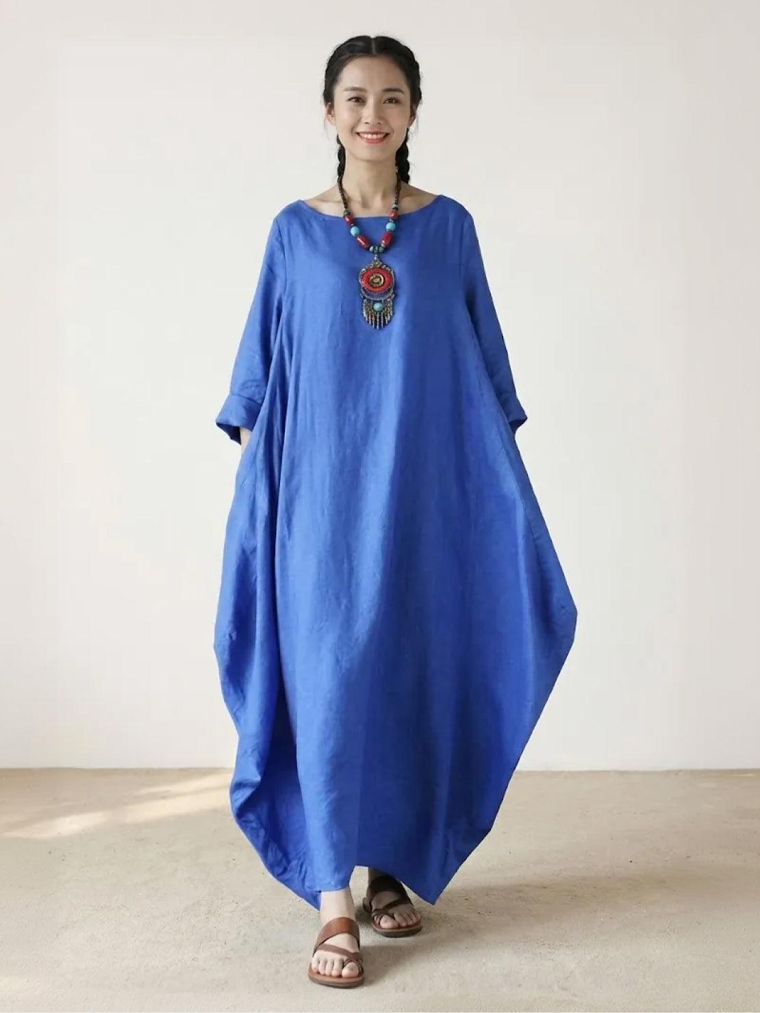 Aurore Bellefontaine | Oversized Blue Linen Boho Maxi Dress with 3/4 Sleeves