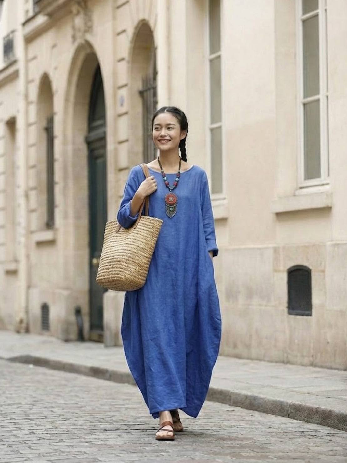 Aurore Bellefontaine | Oversized Blue Linen Boho Maxi Dress with 3/4 Sleeves