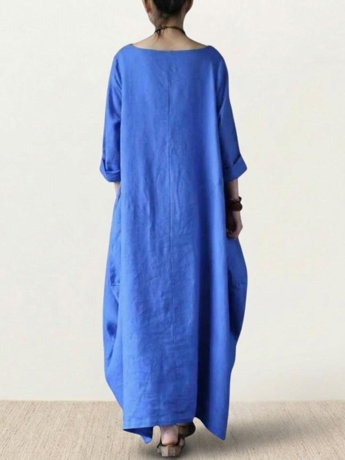 Aurore Bellefontaine | Oversized Blue Linen Boho Maxi Dress with 3/4 Sleeves