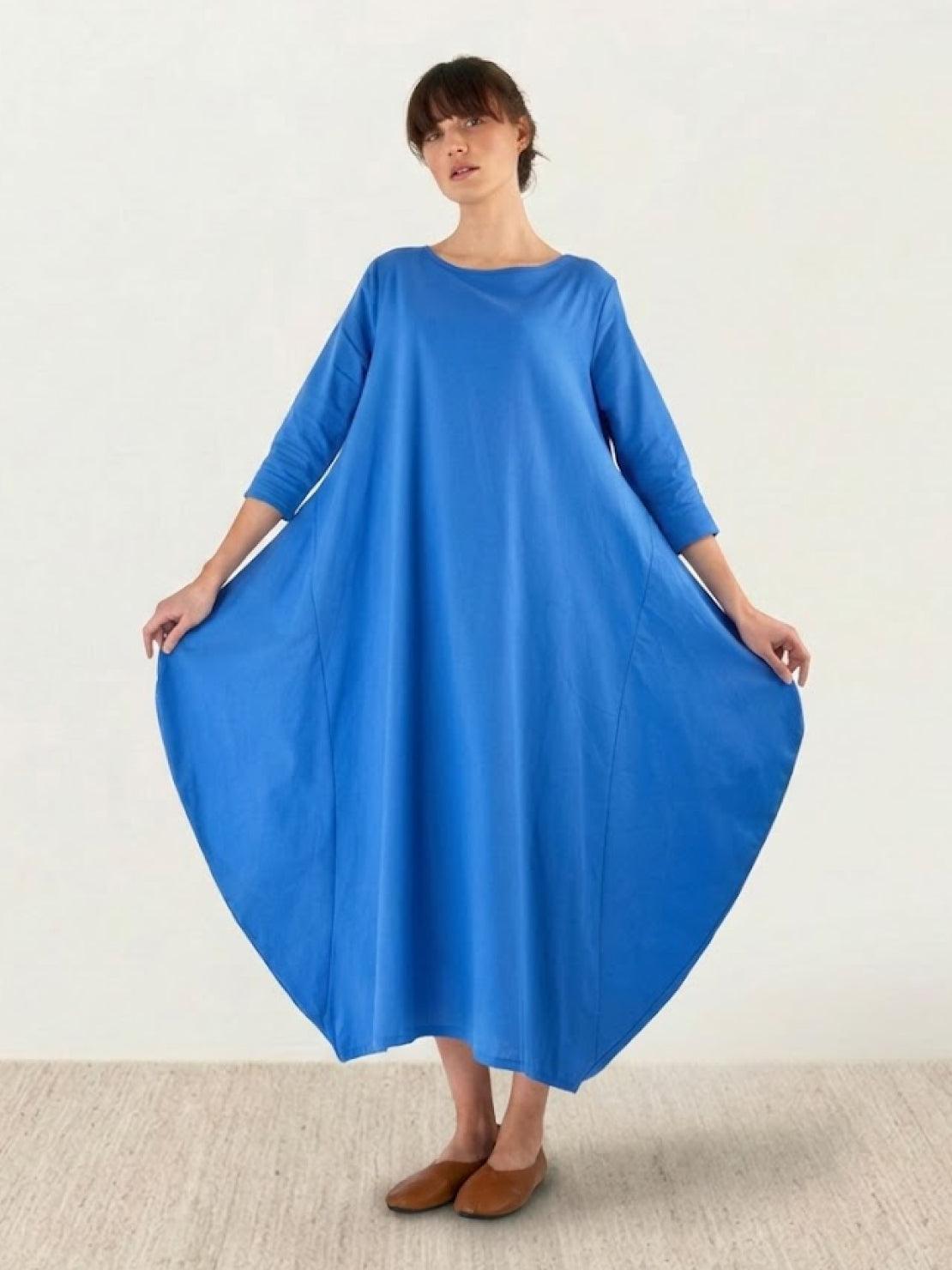 Aurore Bellefontaine | Oversized Blue Linen Boho Maxi Dress with 3/4 Sleeves