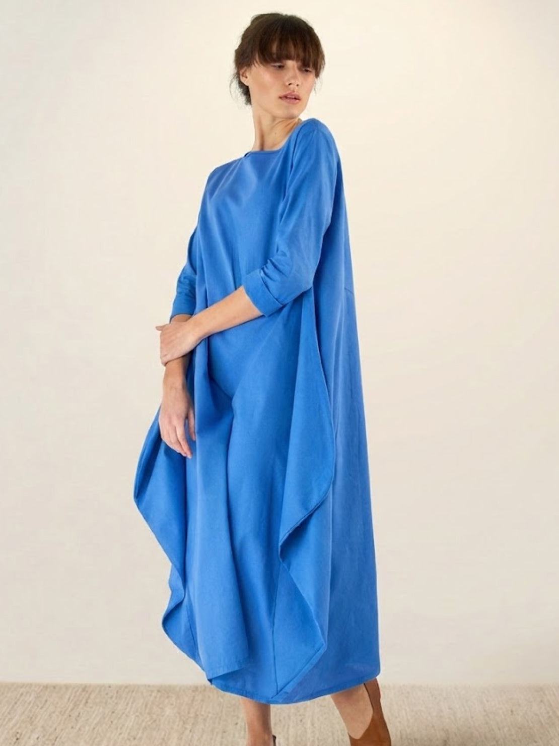 Aurore Bellefontaine | Oversized Blue Linen Boho Maxi Dress with 3/4 Sleeves