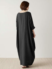 Aurore Bellefontaine | Oversized Blue Linen Boho Maxi Dress with 3/4 Sleeves