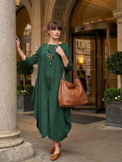 Aurore Bellefontaine | Oversized Blue Linen Boho Maxi Dress with 3/4 Sleeves