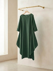 Aurore Bellefontaine | Oversized Blue Linen Boho Maxi Dress with 3/4 Sleeves