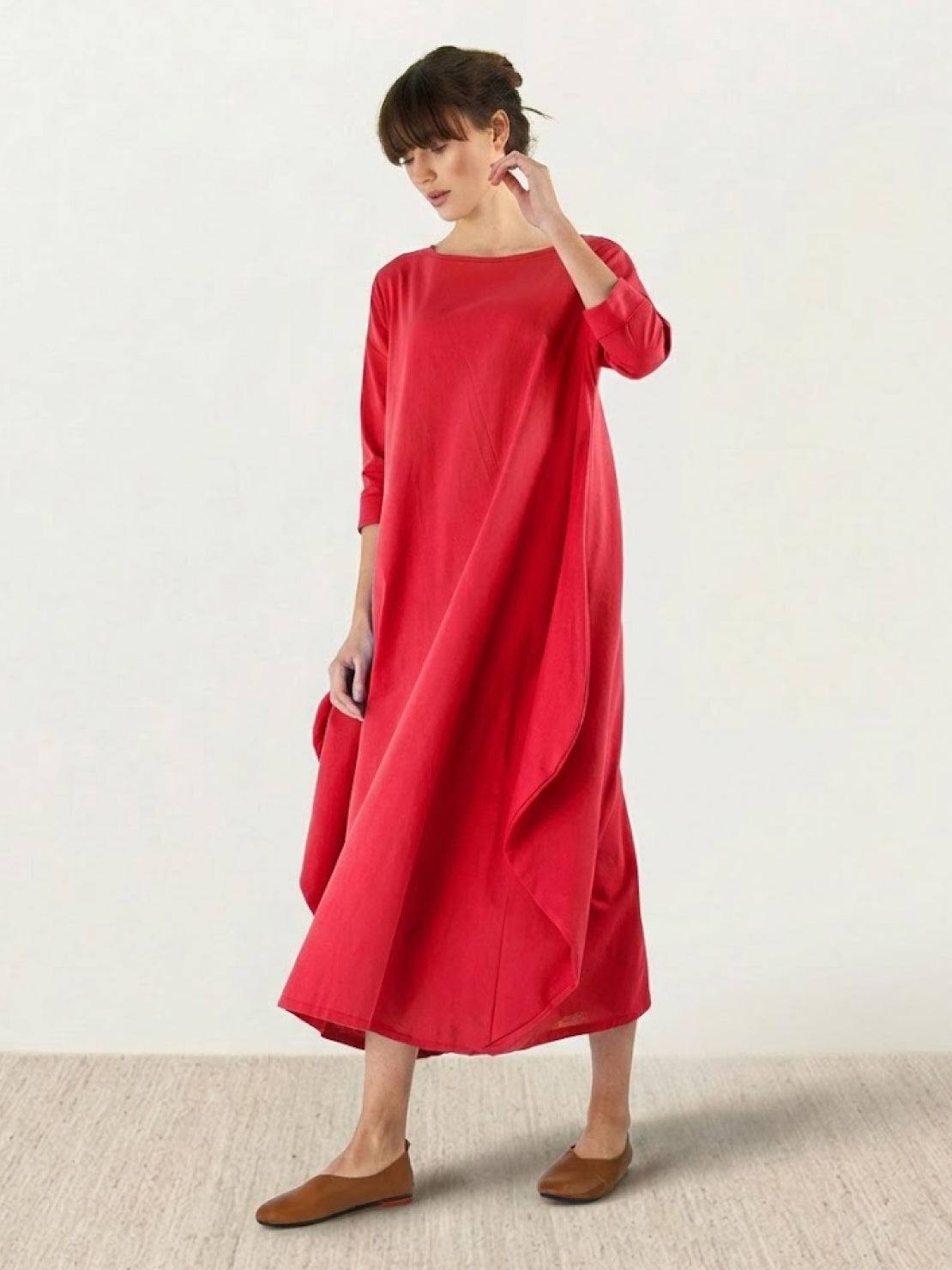 Aurore Bellefontaine | Oversized Blue Linen Boho Maxi Dress with 3/4 Sleeves