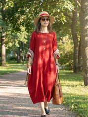 Aurore Bellefontaine | Oversized Blue Linen Boho Maxi Dress with 3/4 Sleeves