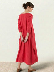 Aurore Bellefontaine | Oversized Blue Linen Boho Maxi Dress with 3/4 Sleeves