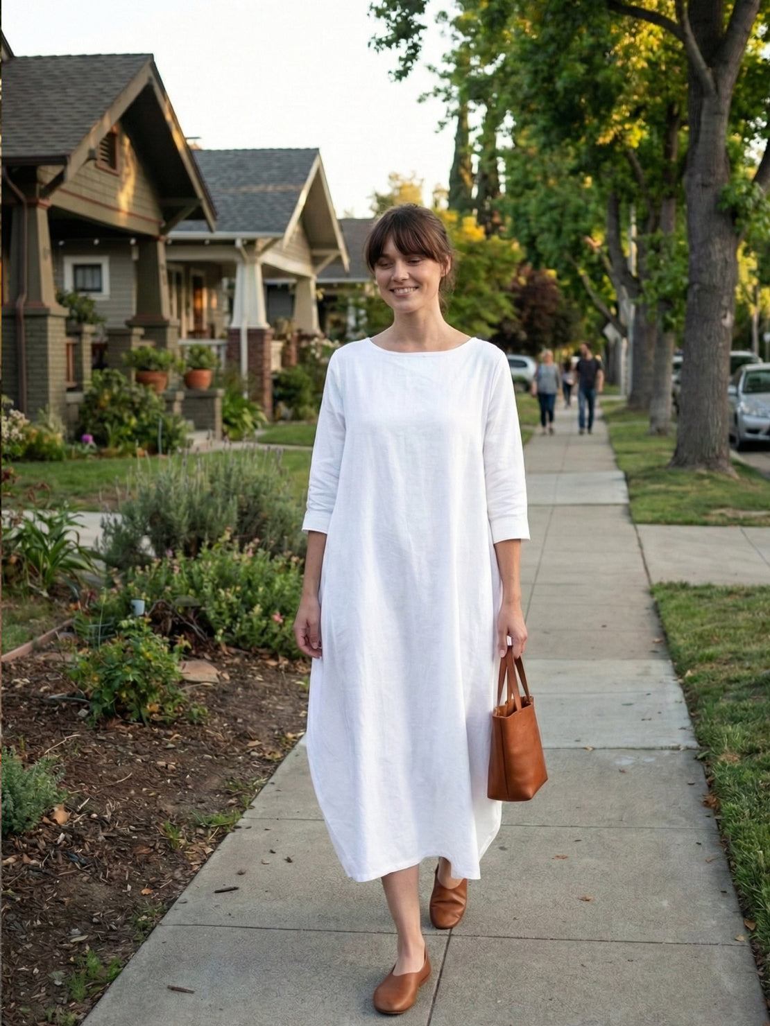 Aurore Bellefontaine | Oversized Blue Linen Boho Maxi Dress with 3/4 Sleeves