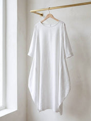 Aurore Bellefontaine | Oversized Blue Linen Boho Maxi Dress with 3/4 Sleeves