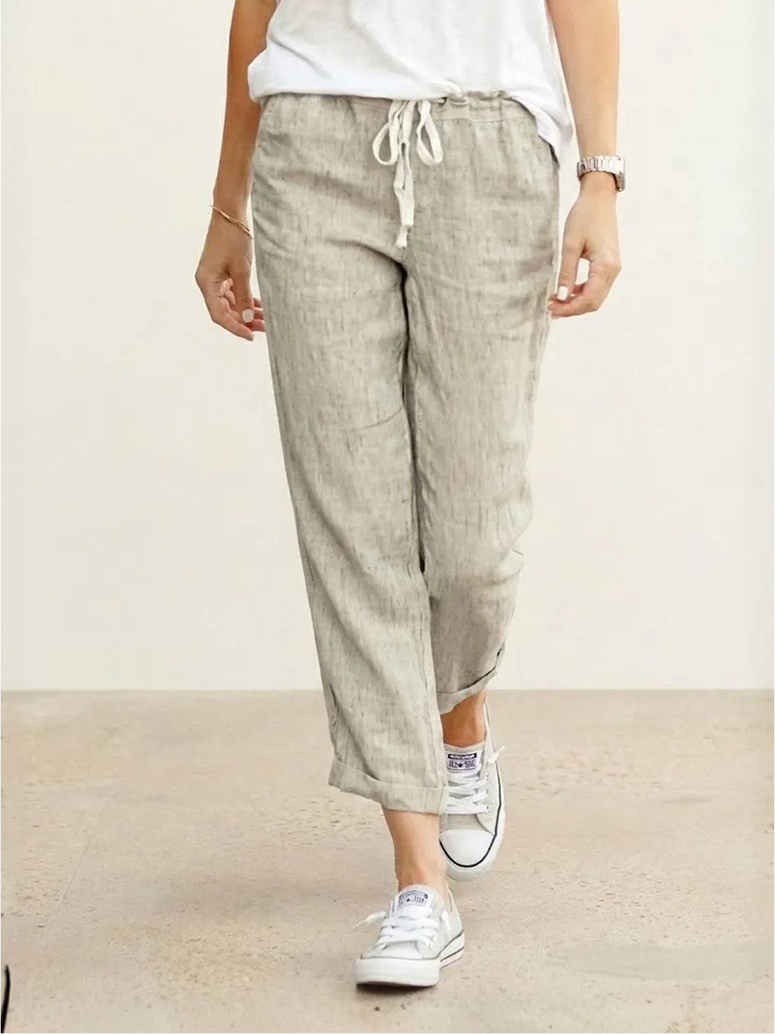 Elaine Beauchamp | Women's Linen-Look Drawstring Straight-Leg Trousers
