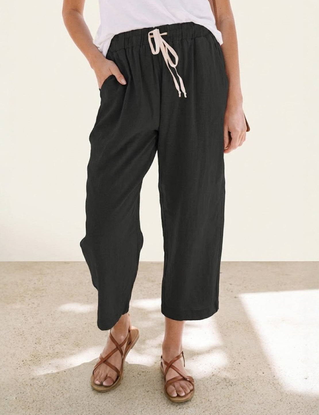 Elaine Beauchamp | Women's Linen-Look Drawstring Straight-Leg Trousers