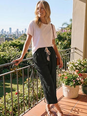 Elaine Beauchamp | Women's Linen-Look Drawstring Straight-Leg Trousers