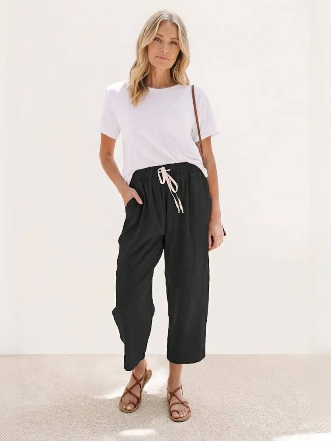 Elaine Beauchamp | Women's Linen-Look Drawstring Straight-Leg Trousers