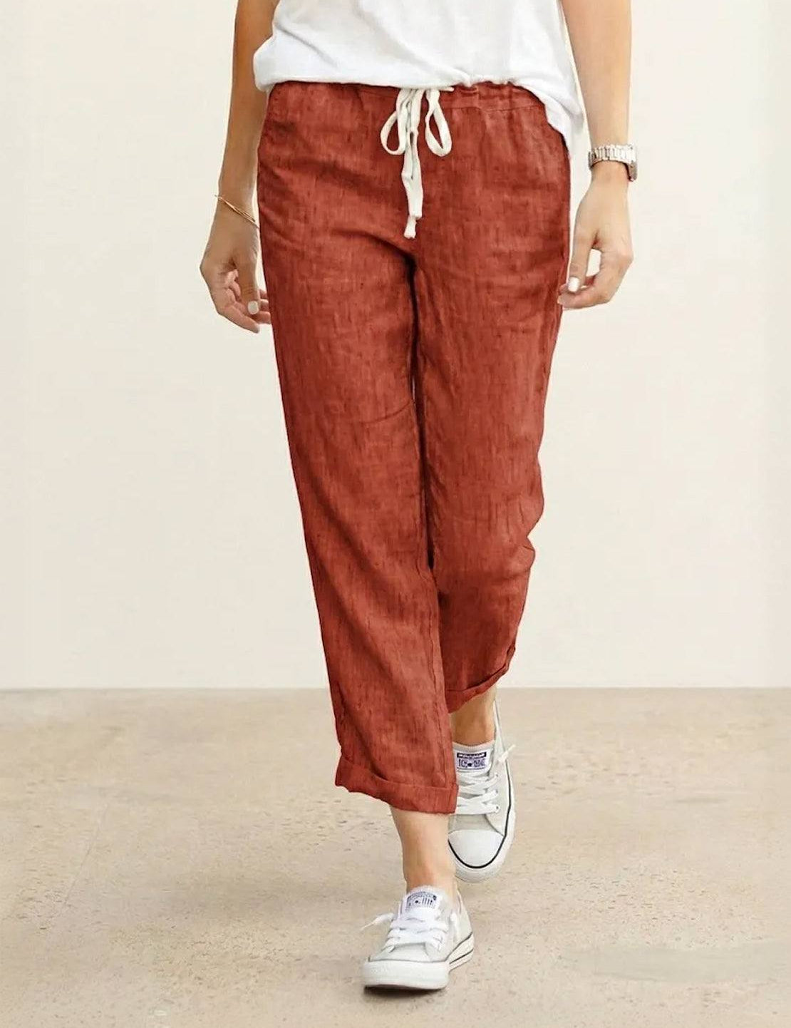 Elaine Beauchamp | Women's Linen-Look Drawstring Straight-Leg Trousers
