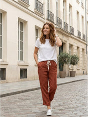 Elaine Beauchamp | Women's Linen-Look Drawstring Straight-Leg Trousers