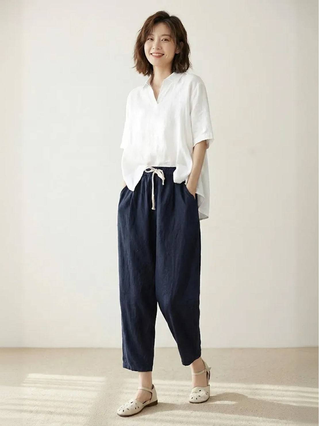 Elaine Beauchamp | Women's Linen-Look Drawstring Straight-Leg Trousers