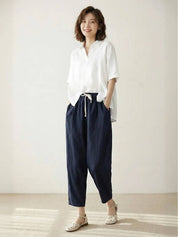 Elaine Beauchamp | Women's Linen-Look Drawstring Straight-Leg Trousers
